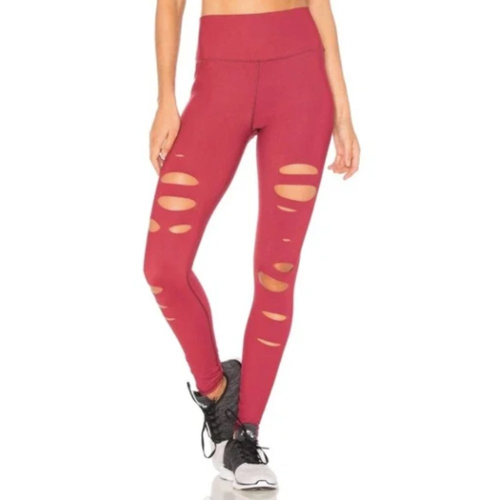 Alo Yoga Warrior Ripped Red Slashed High Waisted Leggings S